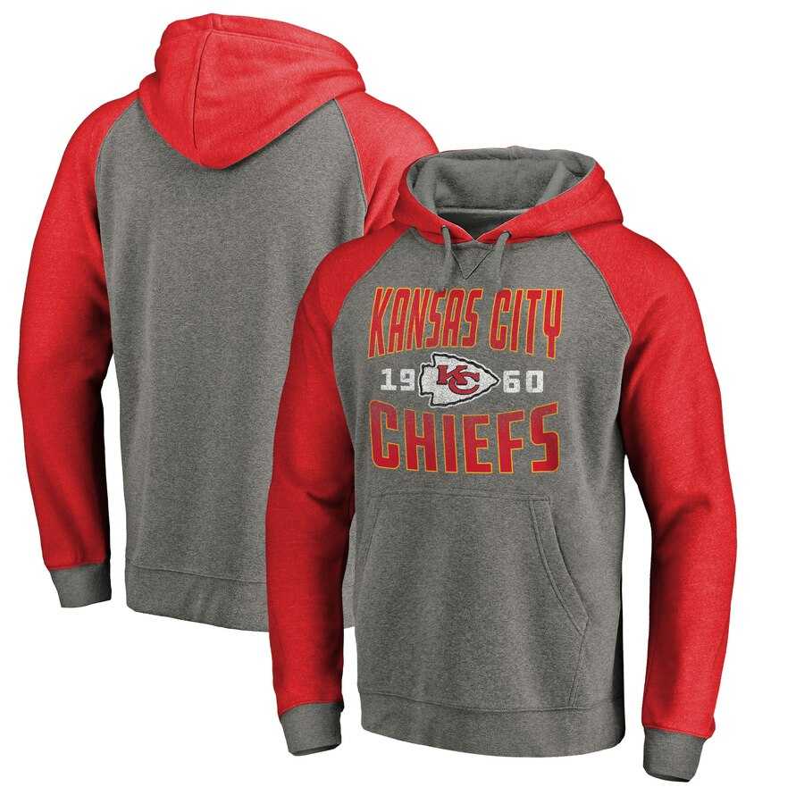 Men Kansas City Chiefs NFL Pro Line by Fanatics Branded Timeless Collection Antique Stack TriBlend Raglan Pullover Hoodie Ash